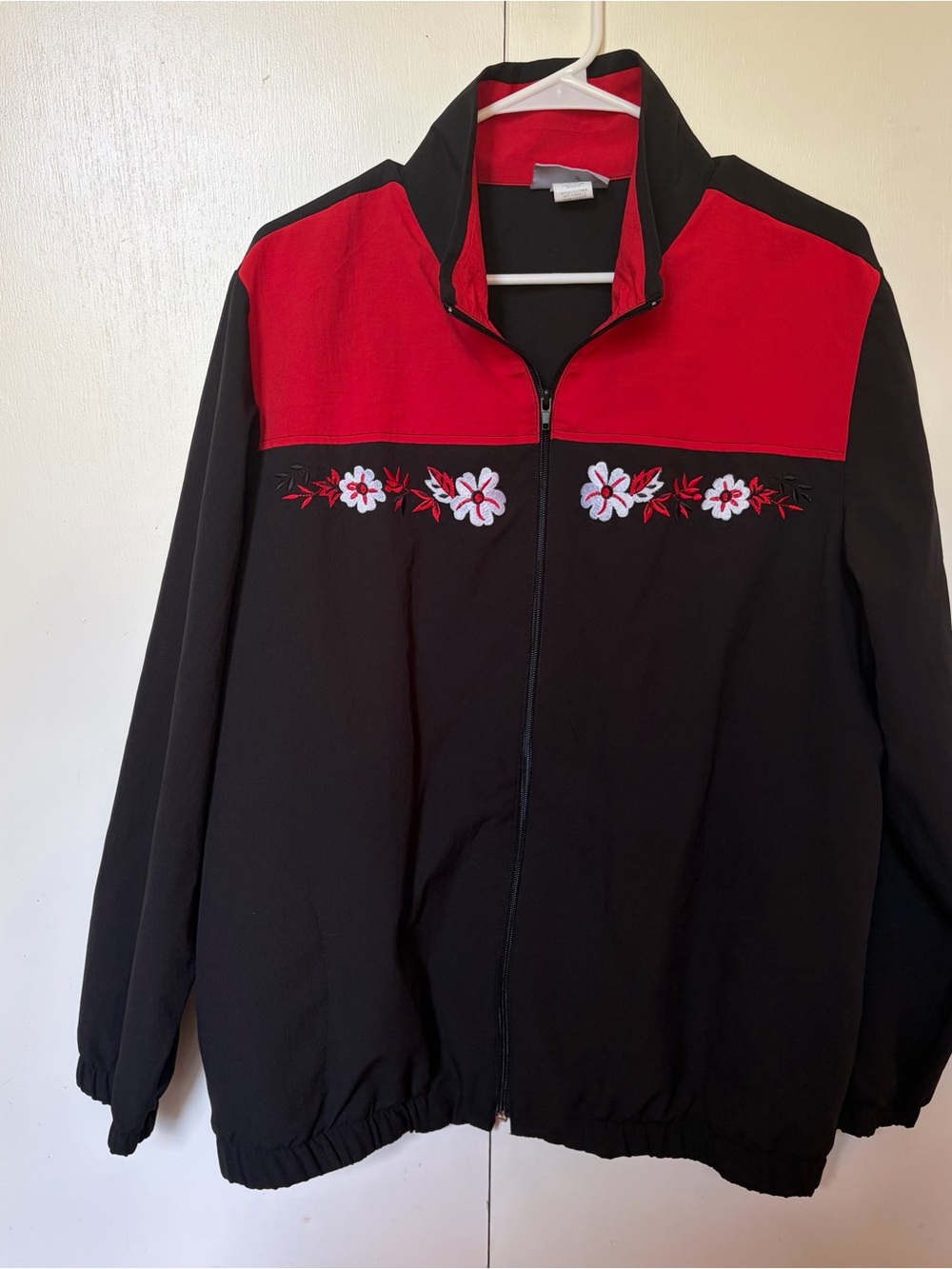 Blair Black and Red Zip-Front Bomber Jacket with Floral Embroidery